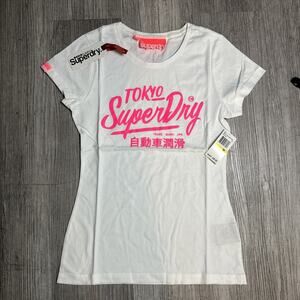 Superdry Tokyo Graphic T Shirt White Pink Cotton Short Sleeve Womens Size M